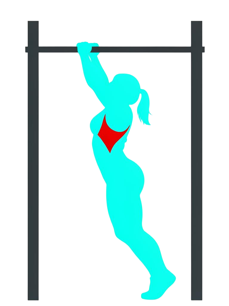 Female body shape lowering slowly from a pull-up bar